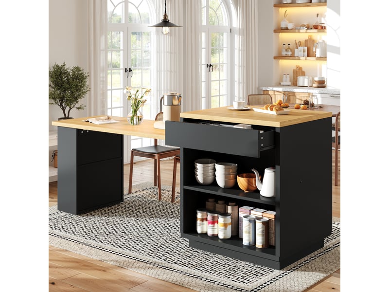  Îlot de cuisine extensible 122–194×70×94 cm table à manger 4 personnes avec led plan de travail 2 tiroirs 2 portes étagères, noir  - Conforama E