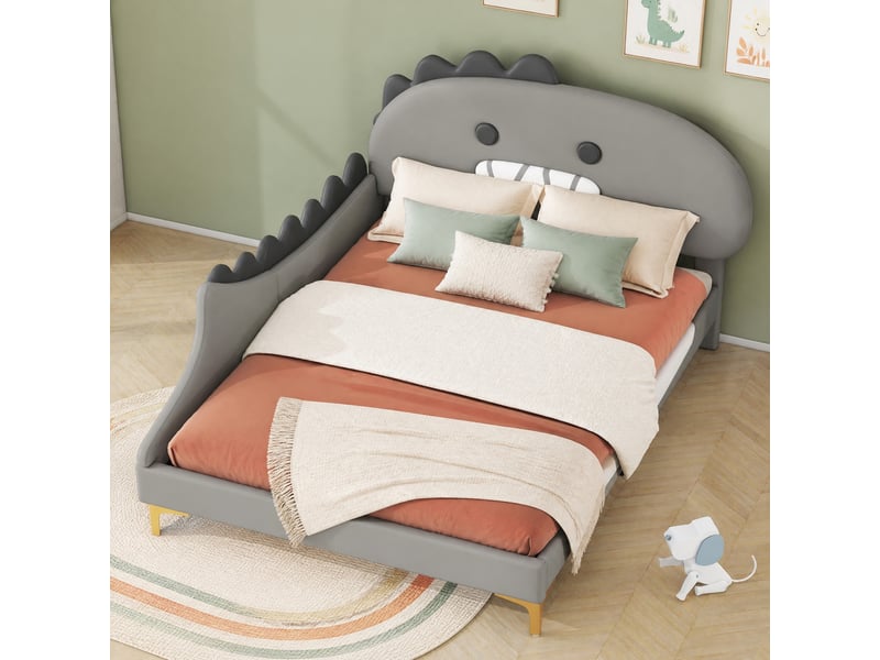  Lit enfant, lit double avec tête de dinosaure, revêtement pu gris et 12 lattes, 140x200 cm, sans matelas  - Conforama C