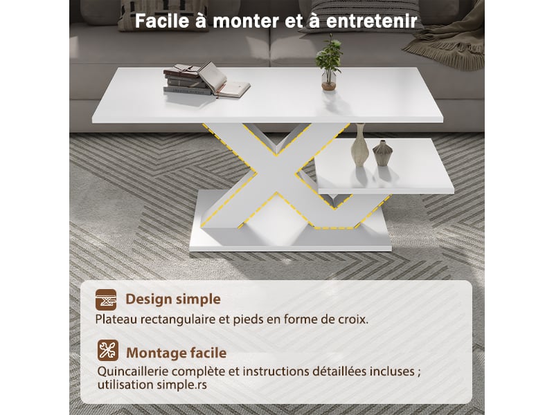  Table basse à double plateau avec rangement pour salon en mdf 100×48×45 cm blanc brillant  - Conforama C