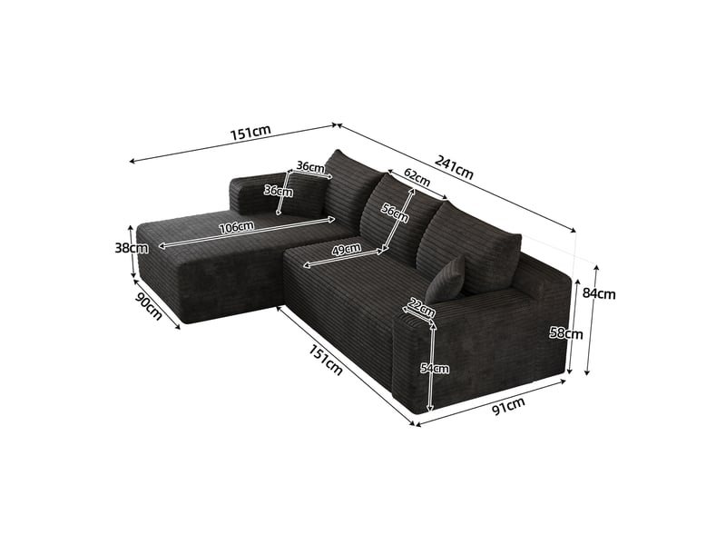  Canapé d'angle en l 241 cm noir en velours côtelé, design cloud, mousse haute élasticité, sans montage Fay Lum - Conforama D