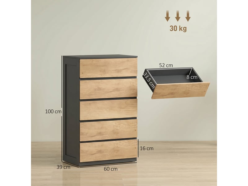  Commode en bois à 5 tiroirs avec poignées rainurées, 60 x 39 x 100 cm, noir et chêne  - Conforama E