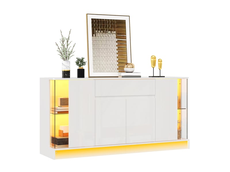 Buffet bas 150x40x75 cm blanc brillant avec vitrines led contrôlées par application - Conforama A