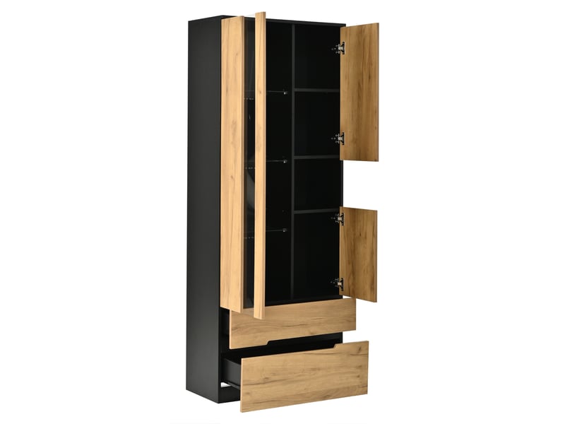  Vitrine 70x35x180 cm naturelle et noire avec led pilotée par appli, 3 portes, 2 tiroirs et charge 45 kg Fay Lum - Conforama D