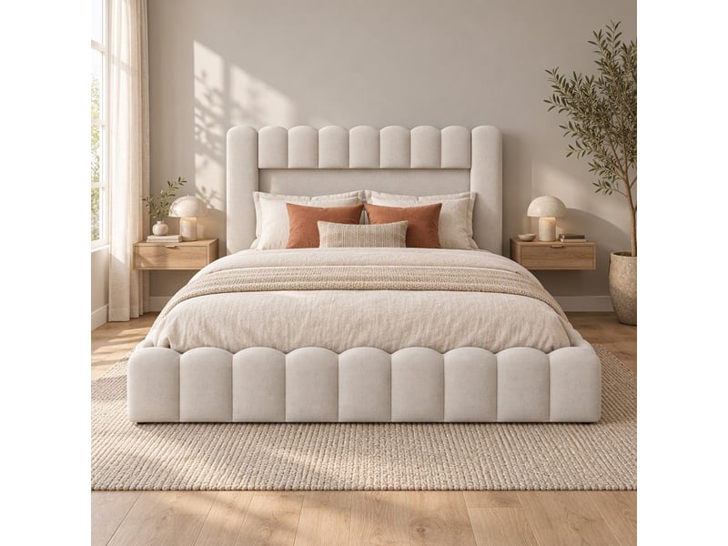  Lit coffre 2 places 180x200 cm, lit adulte avec rangement, compartiment, led, design simple, port usb, lin beige  - Conforama C