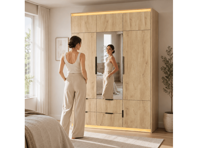Armoire 3 portes avec miroir, led, penderie, 4 tiroirs et 7 compartiments en mdf pour chambre 135 × 47 × 200 cm - Conforama E