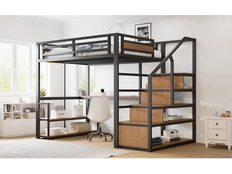  Lit mezzanine double 140×200 cm avec escalier de rangement, étagères et bureau  - sans matelas, métal noir  - Conforama E