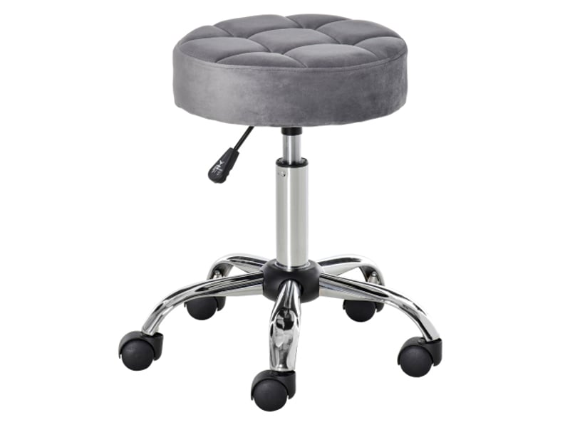  Tabouret de salon pivotant à roulettes, velours gris, base chromée, réglable 49-61 cm  - Conforama A