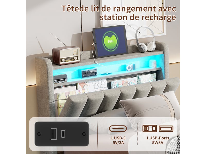  Lit coffre 90 x 200 cm avec led-lit simple rembourré 90x200 cm- ports usb- lit adulte de rangement -lit ado-velours- gris  - Conforama E