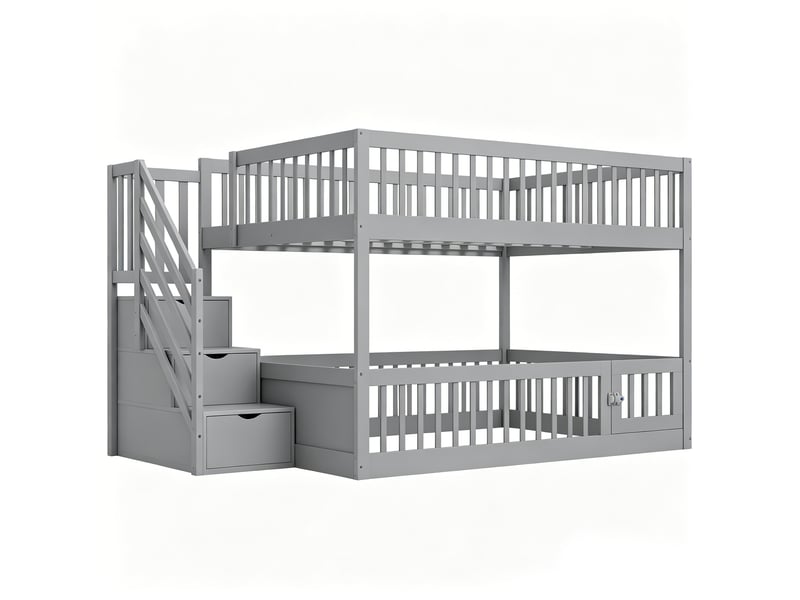 Lit mezzanine 140x200 cm en bois gris avec échelle sécurisée, tiroirs et rangements sans matelas - Conforama A