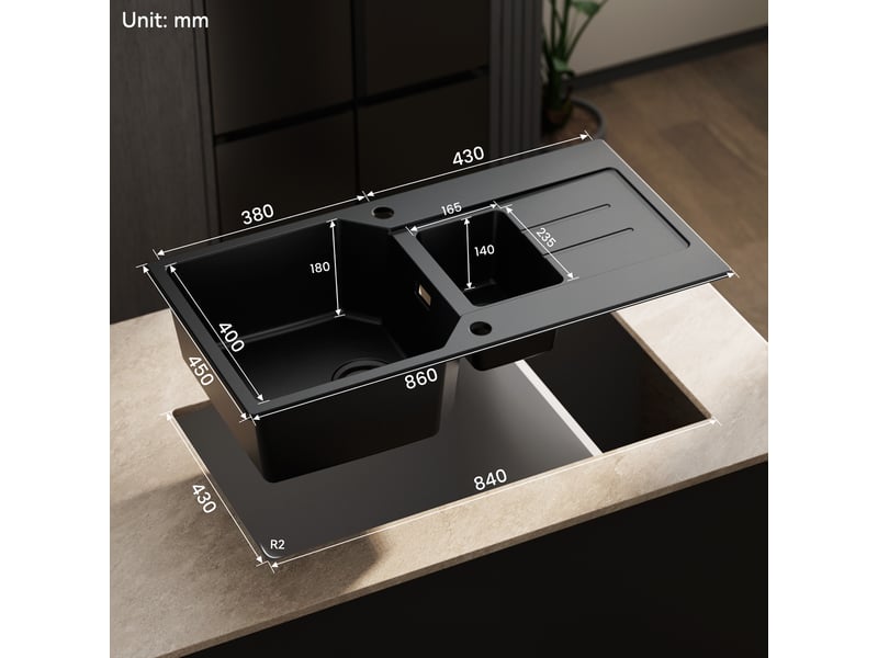  Anycee max évier de cuisine en granit 86x45cm - évier 1,5 bac - avec bac principal et bac secondaire - avec siphon et crépine - noir  - Conforama E
