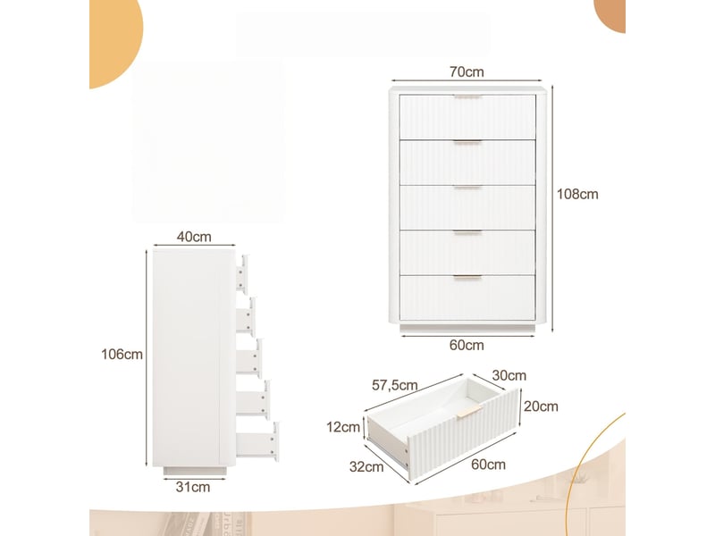  Commode à 5 tiroirs, 108 x 40 x 70 cm, meuble de rangement blanc moderne avec poignées en métal, pour chambre, salon ou entrée  - Conforama C
