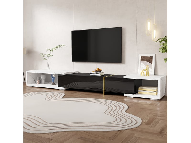  Meuble tv modenvie extensible pivotant 140 à 260 cm mdf noir effet marbre blanc  - Conforama B