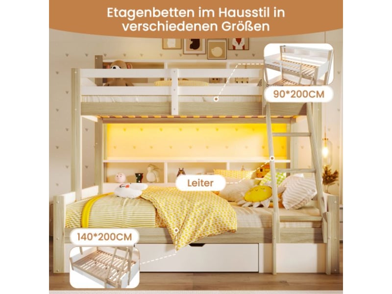  Lit superposé 3 etage 3 places 90x200 &amp; 140x200 | échelle, barrière de sécurité, casiers et tiroir  - Conforama D