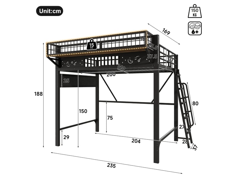  Lit mezzanine 140 × 200 cm 2 places avec rangements latéraux et espace ouvert, sans matelas, en métal noir  - Conforama D