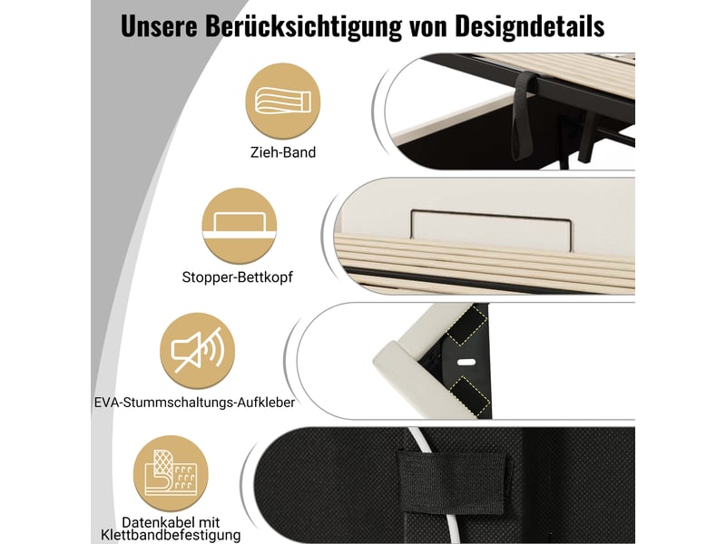  Lit rembourré 180x200 rayofi, coffre de rangement hydraulique, éclairage led contrôlé par application, ports usb-c et usb, cadre à lattes, pu blanc, matelas inclus  - Conforama R