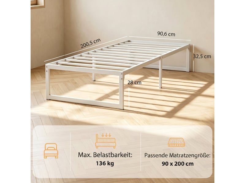  Lit simple 90x200 cm, lit enfant, sommier à lattes, rangement, métal blanc  - Conforama D