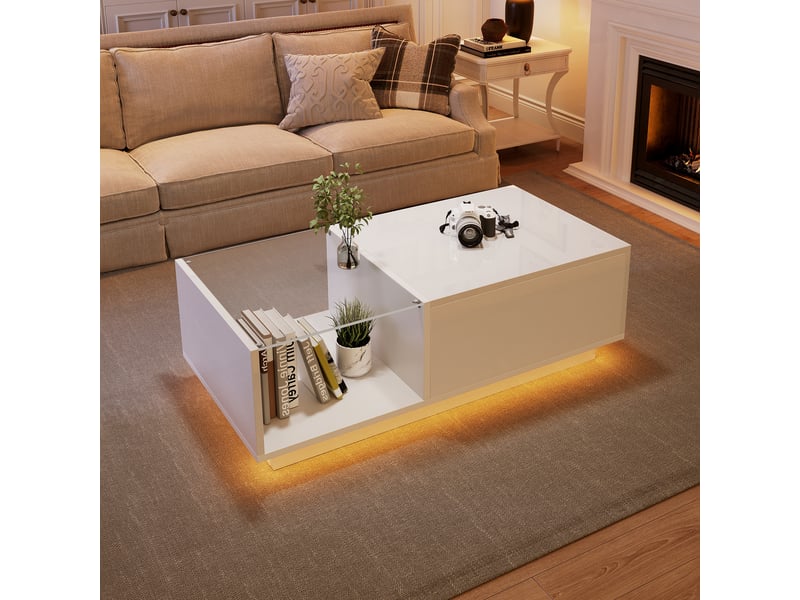  Table basse led haute brillance 100×50 cm – hauteur réglable, rangement caché et étagère, design moderne pour salon  - Conforama B