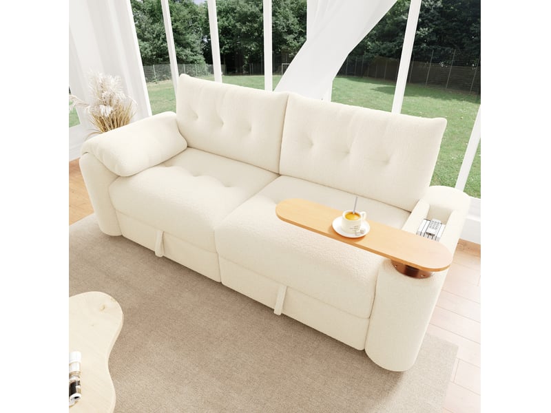  Canapé modulaire 2 places en tissu teddy beige avec rangement et table d'appoint intégrée  - Conforama D