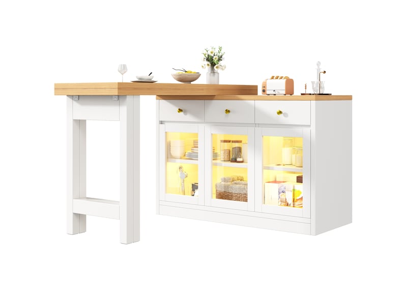  Îlot de cuisine extensible avec éclairage led de 120 à 200 cm, 3 tiroirs et portes vitrées, contrôle par application, blanc et noir  - Conforama D
