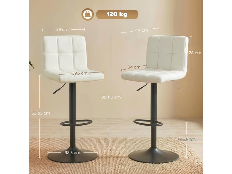  Ensemble de 2 tabourets de bar réglables avec repose-pieds, cuir pu et acier, 39,5 x 44 x 88-110 cm, crème  - Conforama E