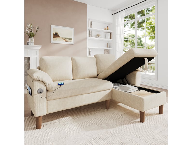  Canapé d'angle 3 places 181x125x88 cm avec rangement beige  - Conforama D