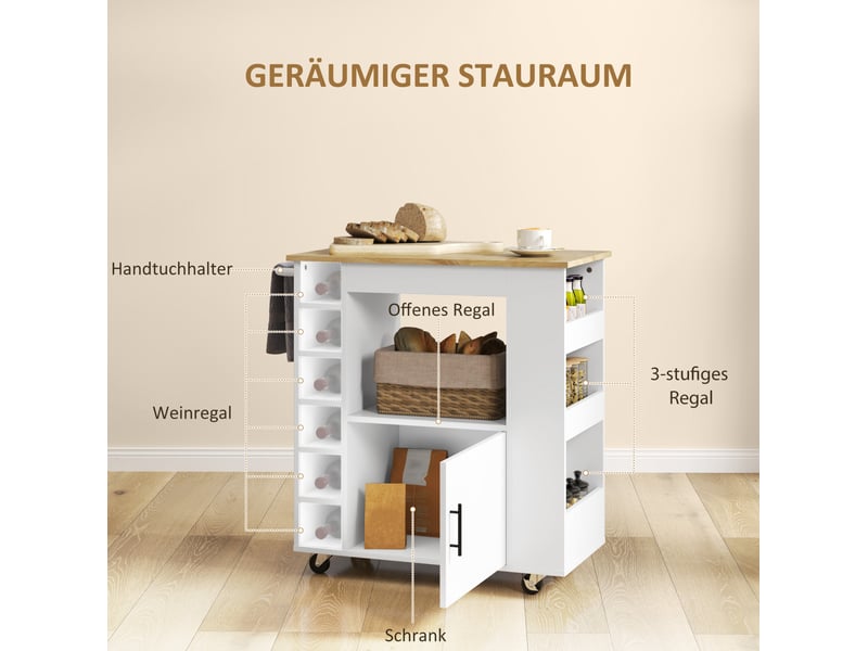  Chariot de cuisine servierwagen avec plateau de travail, étagères, rayons à vin, placard, charnières soft-close, poignée, îlot de cuisine pour bureau, 83x40x83cm, chêne  - Conforama E