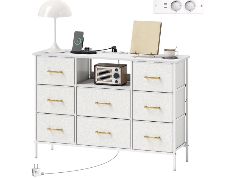  Commode de rangement 110x30x76 cm – blanc crème – 8 tiroirs en tissu, prises intégrées et cadre en acier  - Conforama A