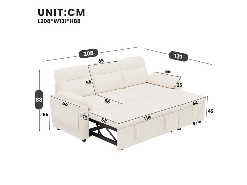  Canapé d'angle convertible 208x131x88cm avec méridienne réversible, couchage, coffre de rangement, usbtype-c, appuie-tête réglable, chenille-beige Bliss Lite - Conforama C