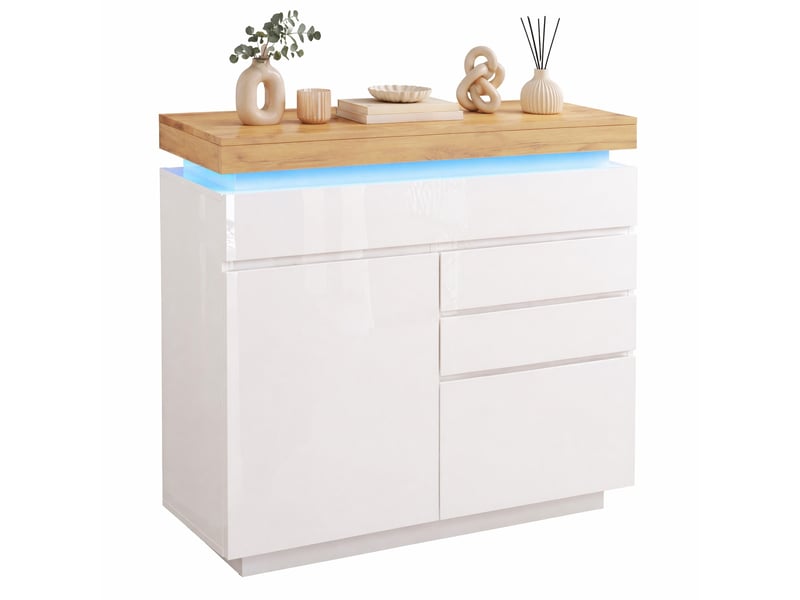 Buffet haut blanc brillant avec 2 portes, 3 tiroirs et éclairage led, 110 x 39 x 115 cm  - Conforama A