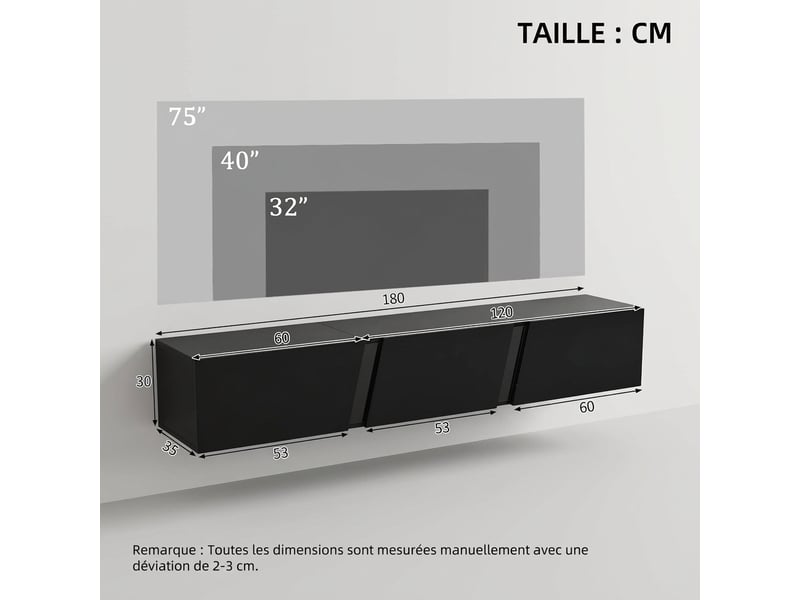  Meuble tv mural noir brillant 180 cm avec led et commande par application, pour tv jusqu'à 75 pouces  - Conforama C
