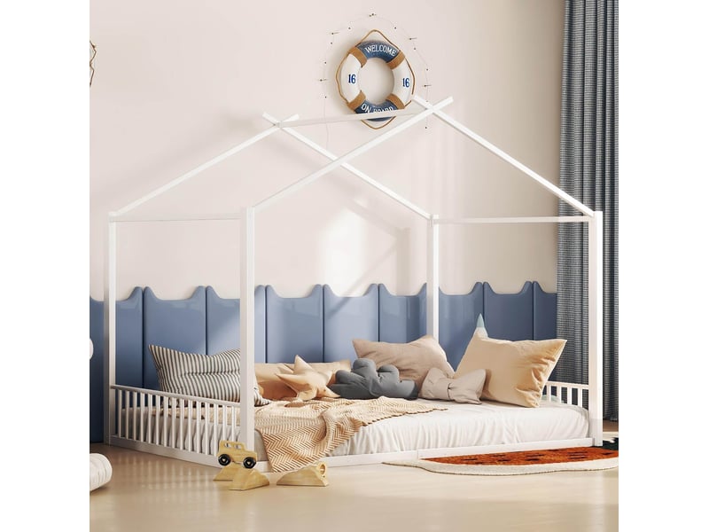 Lit enfant 140x200 cm en métal blanc, forme maison, avec sommier à lattes  - Conforama E