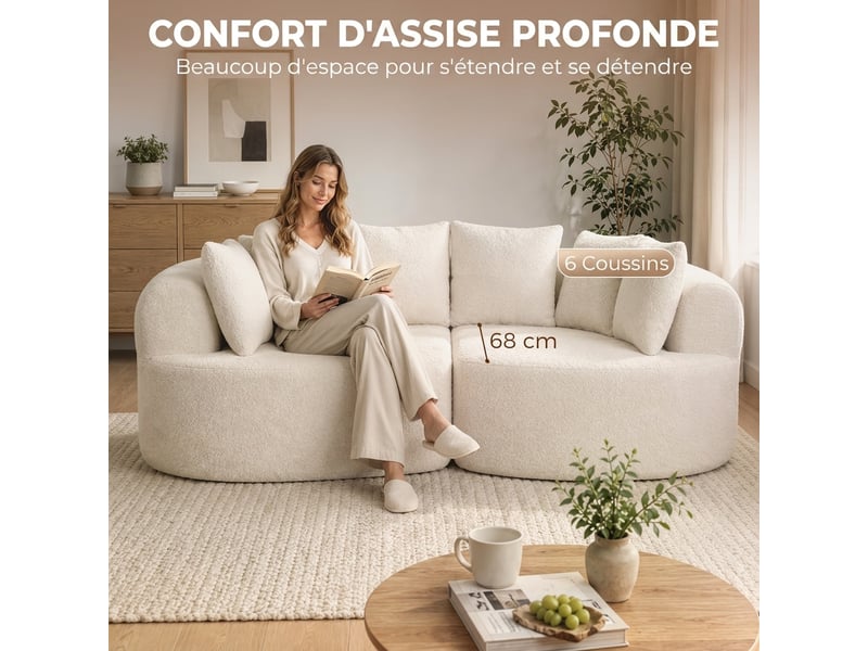  Canapé 3 places incurvé en chenille 188 cm, canapé salon avec assise profonde, 6 coussins, rembourrage épais, crème  - Conforama D