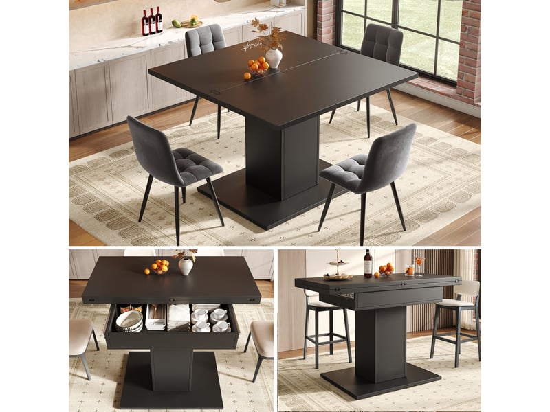  Table de salle à manger extensible 120x120x75,1 cm avec rangement, plateau rabattable, piètement carré - noir  - Conforama D