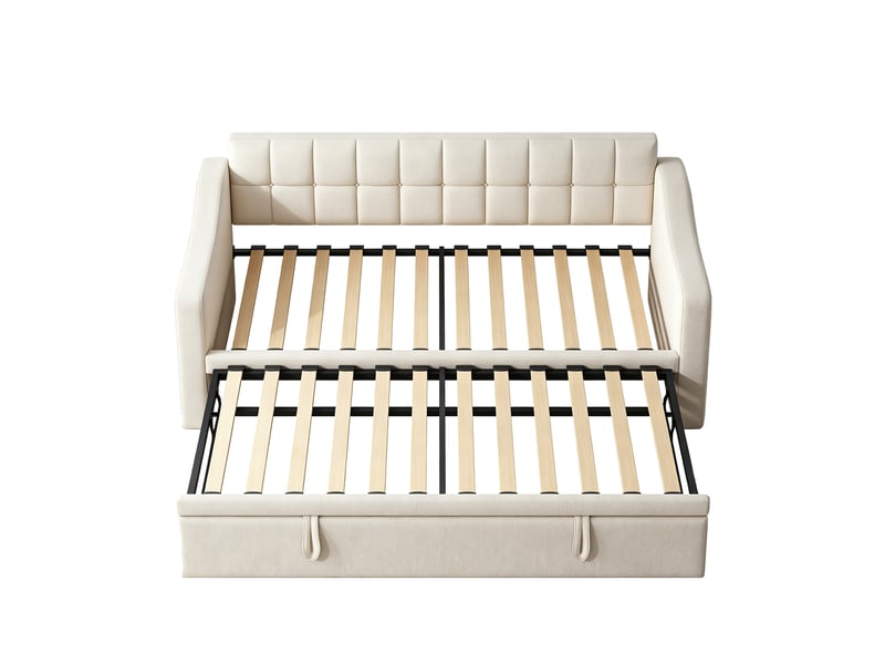 Lit banquette 90×180×190 cm avec prise et poche de rangement, velours beige - Conforama D