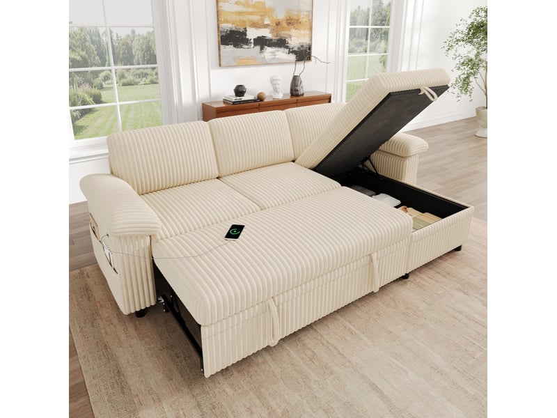  Canapé d'angle convertible 3 places avec coffre, dossier réglable, ports usb et type-c en velours côtelé beige  - Conforama E
