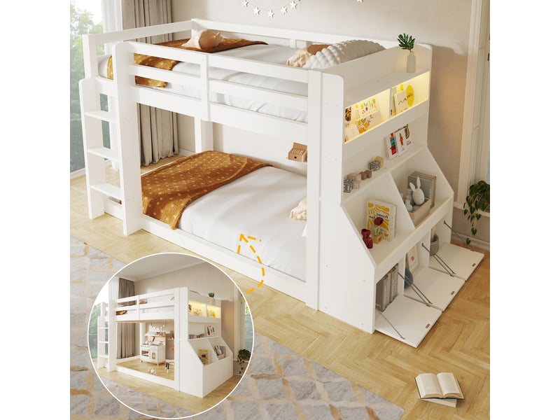  Lit enfant surélevé 90 × 200 cm, rangements et led, blanc  - Conforama D