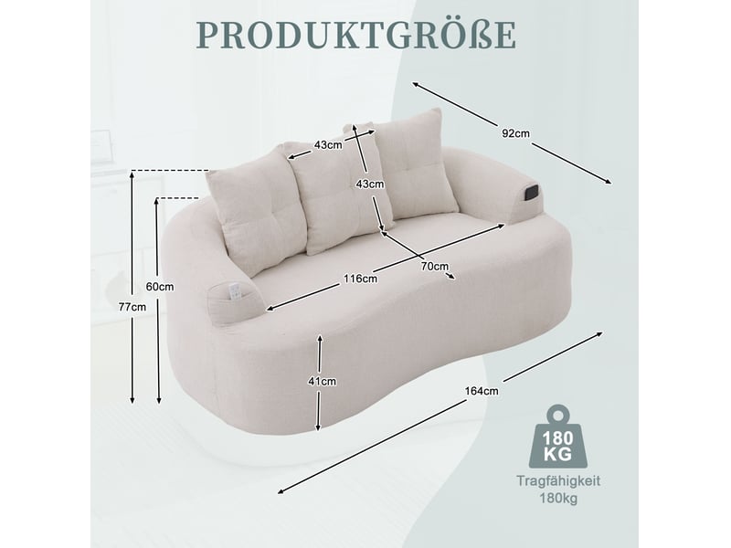  Canapé 2 places 164x92x60 cm beige en chenille, assise profonde avec 3 coussins décoratifs, style contemporain  - Conforama C
