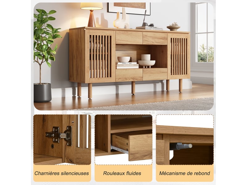  Buffet bas 140x35x71 cm avec  4 tiroirs et 2 portes à lamelles en mdf, pieds en bois, couleur naturel, design simple  - Conforama E