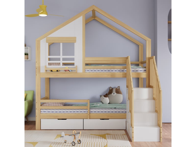  Lit superposé 90×200 cm avec tiroirs, fenêtres et escalier de rangement avec rampes, forme de maison adapté aux enfants et adolescents, blanc et naturel  - Conforama E