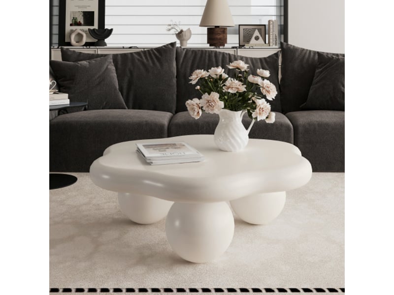  Table basse nuage crème 80 cm – pétales minimalistes, pieds sphériques, sécurité enfants et animaux, gain de place  - Conforama B