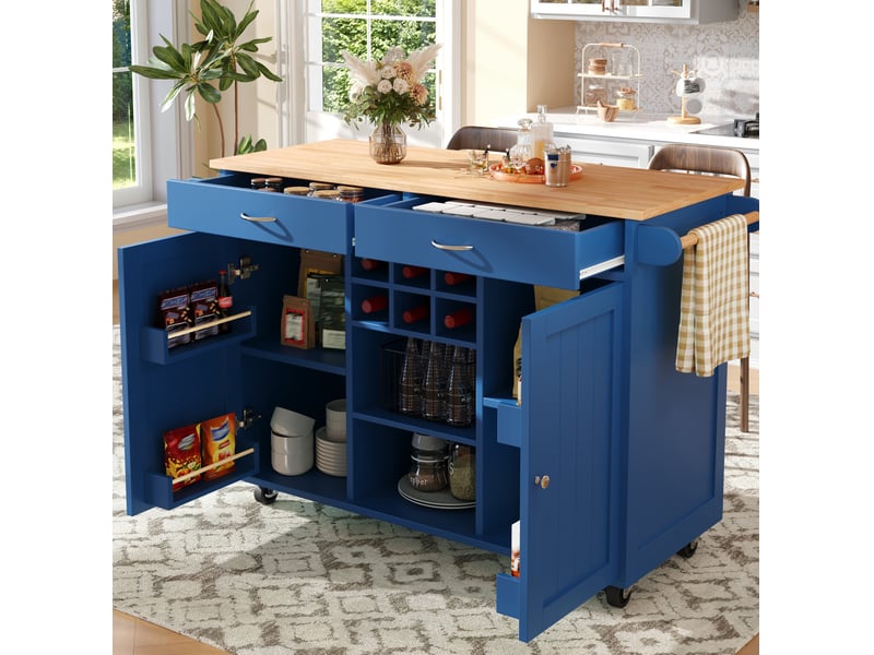  Desserte de cuisine 102 x 45 x 92 cm en mdf avec roulettes verrouillables, bleue  - Conforama B