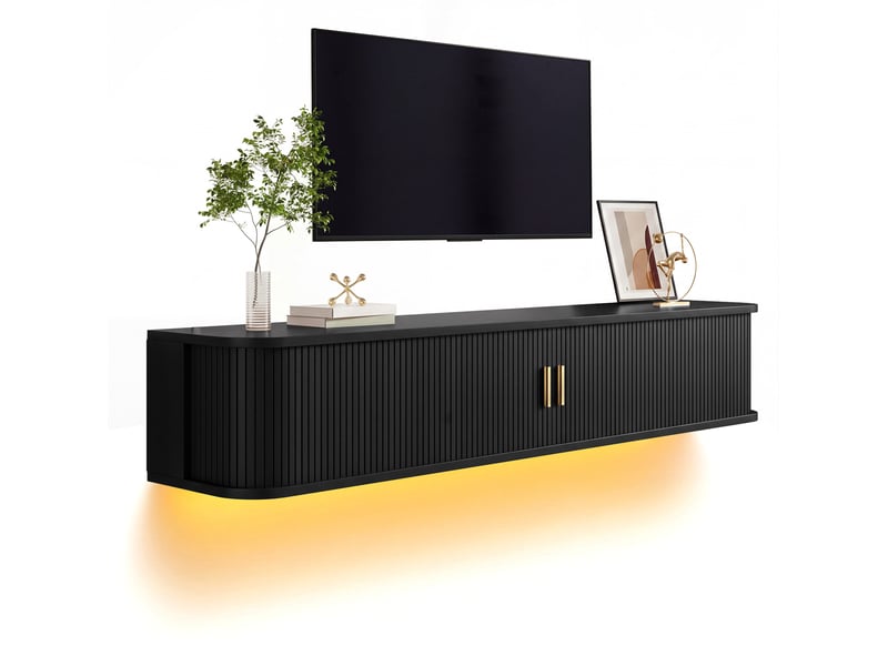 Meuble tv mural 175x30x30 cm, 2 portes coulissantes, tiroir, led réglable par application, mdf noir  - Conforama A