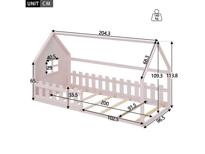  Lit cabane,lit plat pour enfants en pin et mdf 90x200cm,en forme de maison,rose lit enfant rose - Conforama C