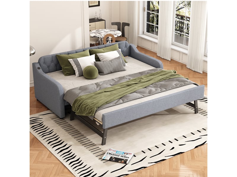  Canapé-lit 90x200 cm avec gigogne, usb, mdf et lin, gris, sans matelas  - Conforama W