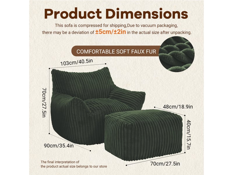 Fauteuil avec pouf ergonomique, assise enveloppante et accoudoirs larges pour salon, en flanelle verte - Conforama D