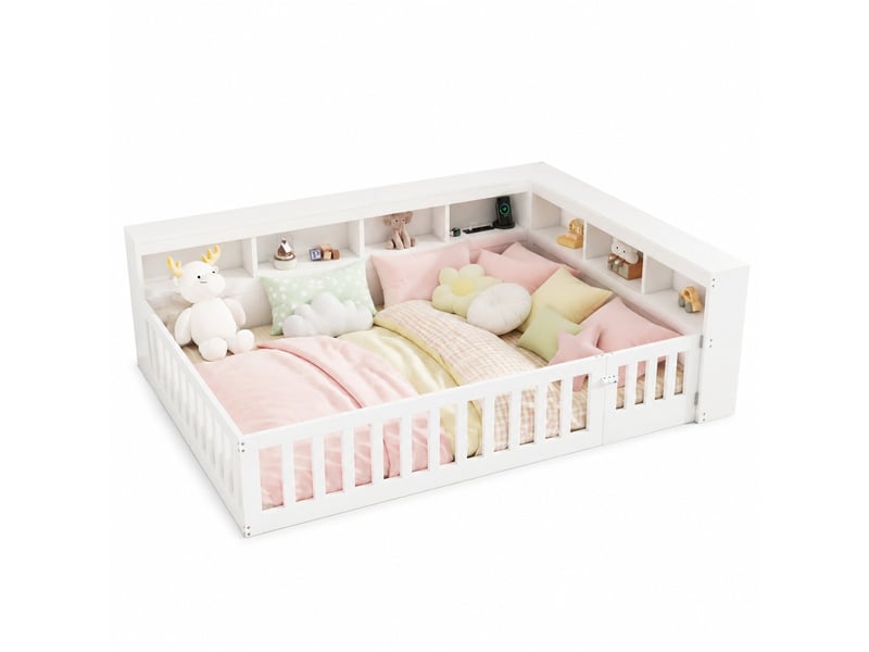 Lit banquette enfant 140 x 190 cm avec sommier, rangement, usb et prises, blanc - Conforama A