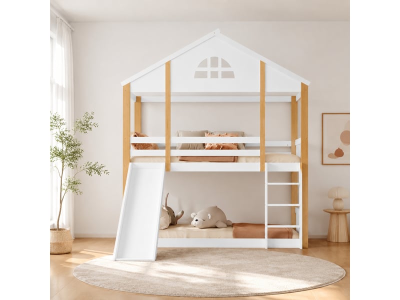  Lit superposé enfant maison 90x200 cm blanc et naturel avec toboggan  - Conforama B
