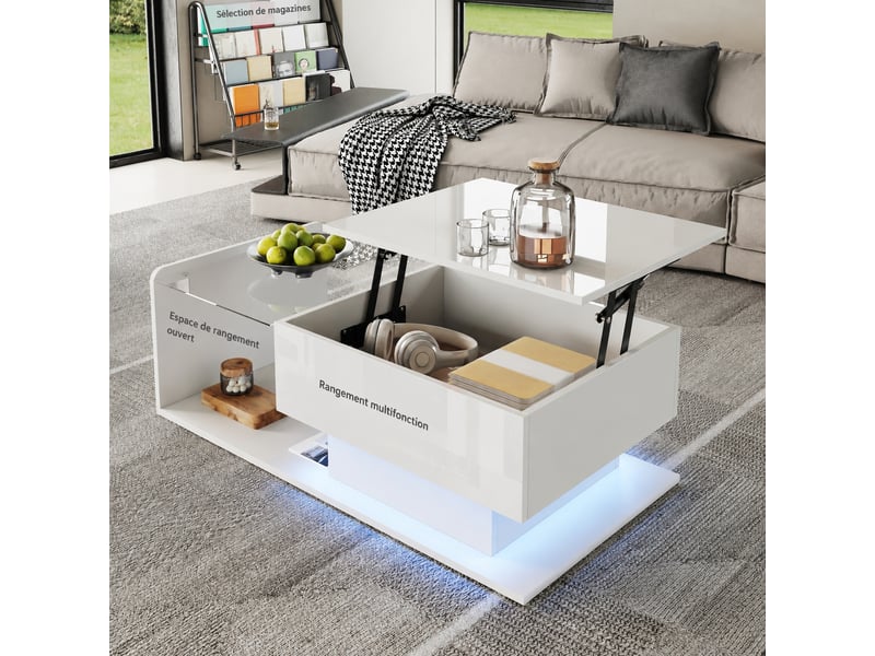  Table basse blanche brillante relevable avec plateau en verre trempé, led et rangement, 100 x 50 cm  - Conforama D