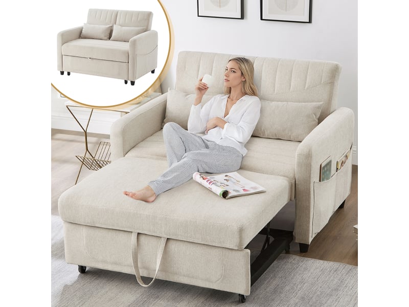  Canapé convertible 2 places beige, canapé lit extensible en tissu, dossier inclinable sur 3 positions  - Conforama E