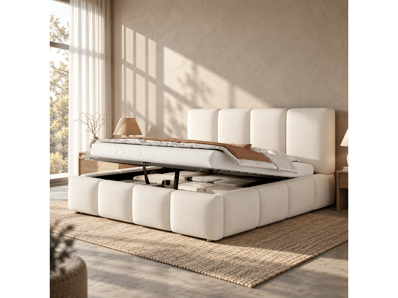  Lit coffre 160x200 cm blanc, tissu bouclé, sommier relevable hydraulique, tête de lit rembourrée, sommier à lattes inclus, structure anti-glissement  - Conforama B